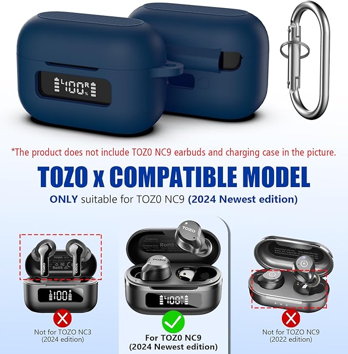 for TOZ0 NC9(2024) Case Cover, Silicone Protective Battery Display Visible Design Cover ONLY for TOZO NC9 Hybrid Active Noise Cancelling Wireless Earbuds 2024 Version with Carabiner-Blue