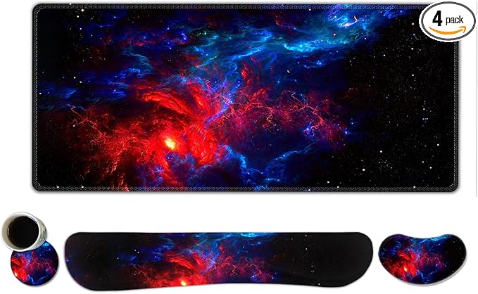 ToLuLu Extended Gaming Mouse Pad, Memory Foam Ergonomic Keyboard Mouse Wrist Rest Support Set, Large Desk Mat with Stitched Edges, Non-Slip Base Mousepad for Home Office and Game, Blue Red Galaxy
