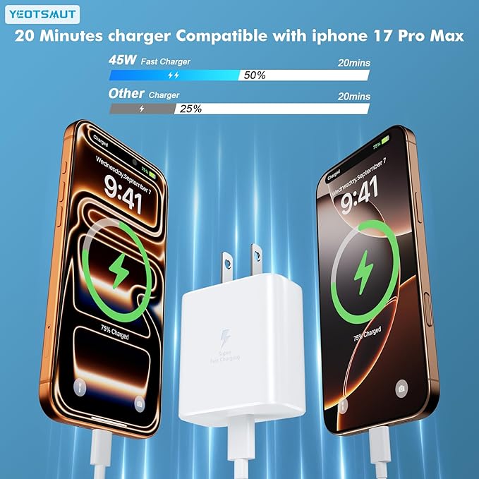 i Phone 17 Charger Fast Charging，45W Fast Charging Replacement for 17/17Pro/17Pro Max/17 Air/ 16 Pro Max/16 Pro/16/16Plus/15 Pro Max/15 Pro/15/15Plus,i Pad and More，10FT Type C Cords