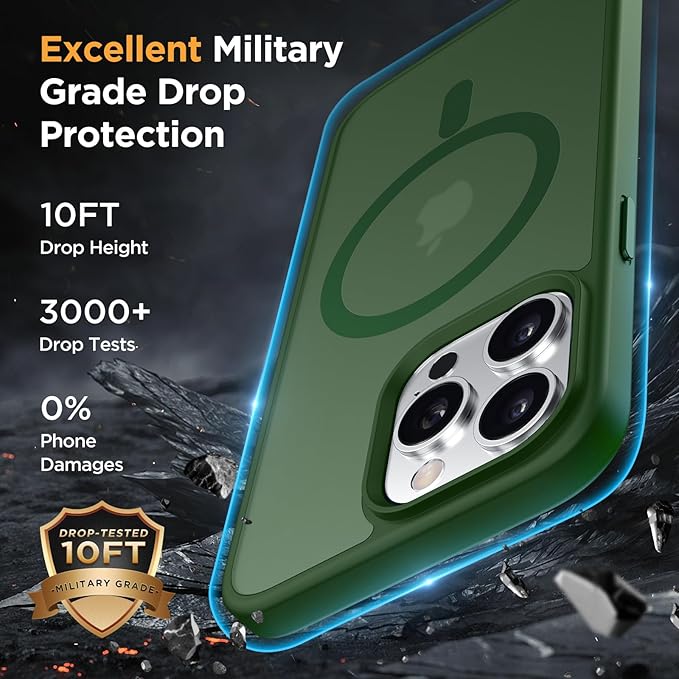Miracase Magnetic for iPhone 15 Pro Max Case 6.7 inch (Compatible with MagSafe)（with 2X Screen Protectors）Military-Grade Protection, Anti-Fingerprint Translucent Matte Phone Cover, Dark Green