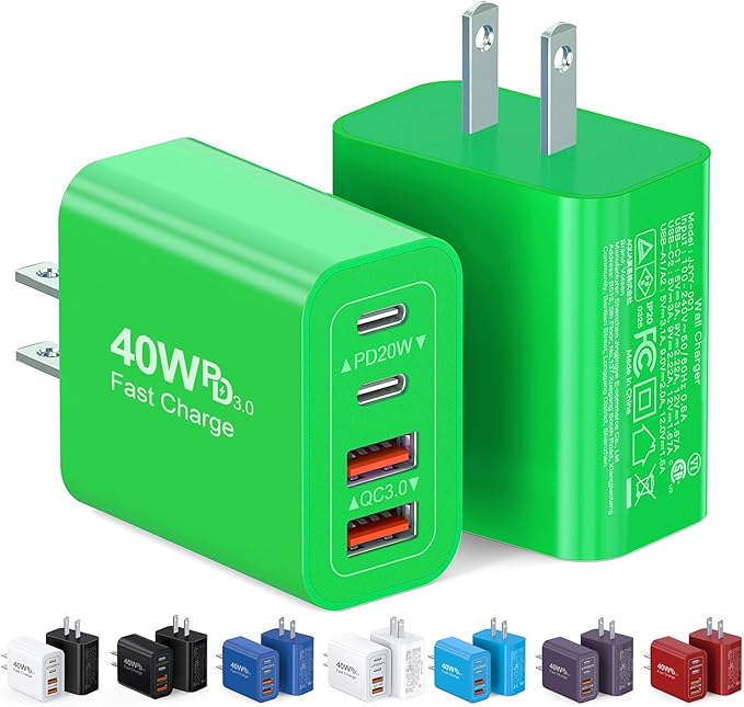2 Pack USB C Charger, 40W Fast Charge Cube, 4-Port QC+PD Wall Plug,Multi-Port Type C Power Adapter for iPhone 17 16 15 14 13 12 Pro Max XS XR 8,Galaxy S24,Nexus,HTC,Google Pixel,and More(Green)