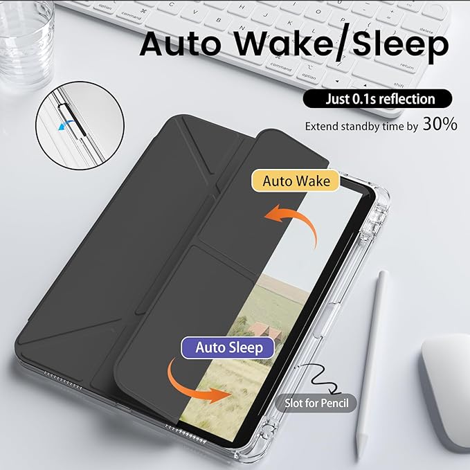 Clear Case for iPad mini 7 A17 Pro 8.3 Inch, iPad mini 7th/6th Generation Case (2024/2021),Slim Shockproof Transparent Back,Y-Shaped Mutil Angles Folding,Supports Pencil Pro&USB-C (Black)