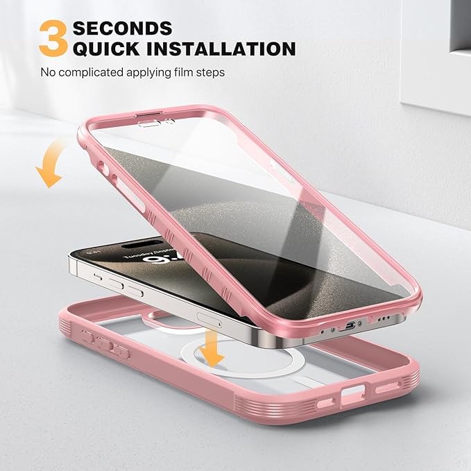 Diaclara Magnetic for iPhone 15 Pro Case, [Military-Grade Drop Proof & Fit for MagSafe] Built-in Shockproof Screen Protector, [Camera Lens Protector] Phone Cover for iPhone 15 Pro 6.1"(Coral Pink)