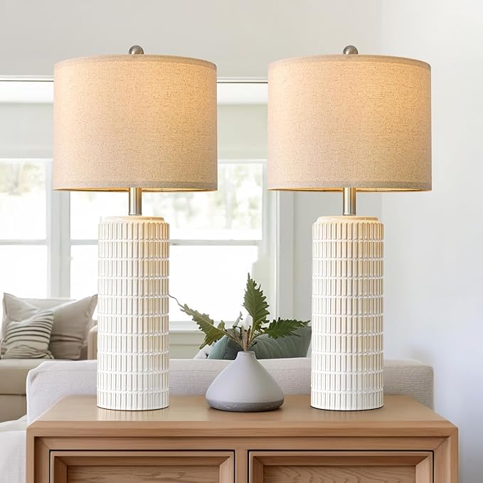 PoKat 27.5'' Tall Table Lamps for Living Room Set of 2, Ceramic Bedroom Lamps for Night Stands, Modern Bedside Lamps for Bedroom Living Room, Nightstand Lamps for End Table, Hallway, Gold and White