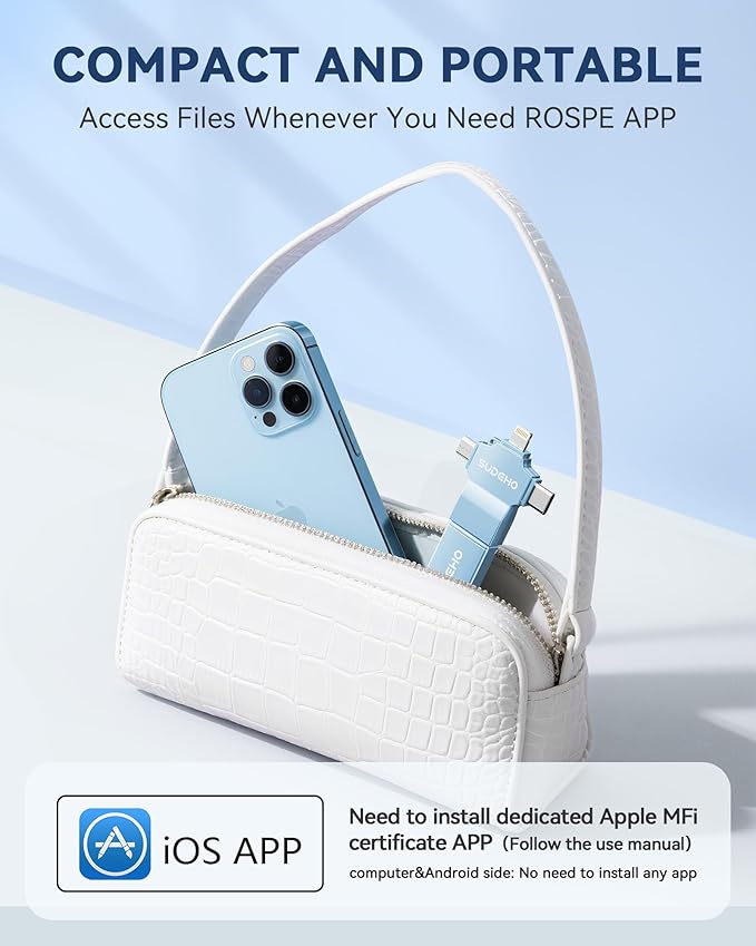 MFi Certified Photo Stick 256GB USB Flash Drive for iPhone, 4 in 1 External Memory Thumb Drive for Picture Video Backup, High Speed Memory Stick Pen Drive for iPhone/iPad/Android/PC (Sky Blue)