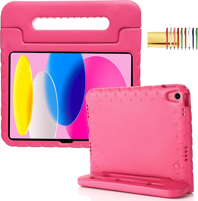 Kids Case for iPad 10th Generation (2022), iPad 11" A16 2025 Case with Pencil Holder, Techcircle Handle Stand Lightweight EVA Foam Bumper Protective Rugged Drop Protection Child Proof Cover, Rose