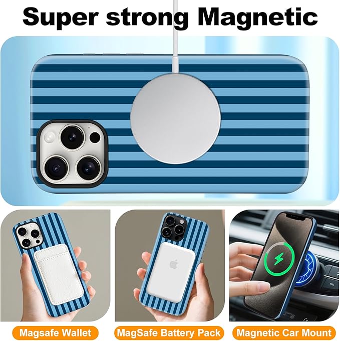 Magnetic for iPhone 12 Pro Max Case Cute Stripes Phone Case, Shockproof Slim TPU and Hard PC Protective Phone Cover Compatible with MagSafe Designed for Women Girls, Lake Blue