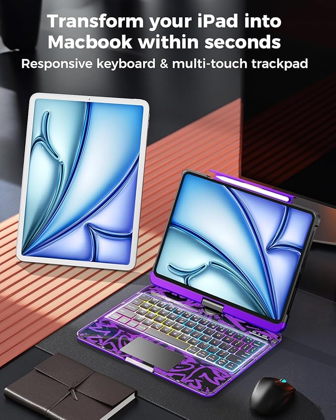 SIBEITU Clear Keyboard Case for iPad Air 11-inch M4/M3/M2 (2026/2025/2024) & iPad Pro 11-inch 4th 3rd 2nd 1st Gen, 7-Color Backlit with Multi-Touch Trackpad for 10.9" iPad Air 4th/5th Gen, Purple