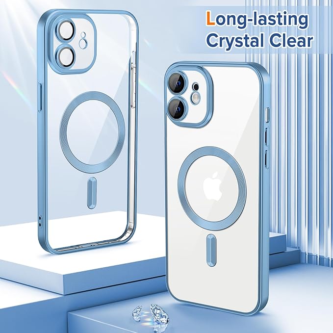 Hython Magnetic Clear for iPhone 12 Case with Camera Lens Protector [Compatible with MagSafe] Luxury Plating Edge Slim Soft TPU Cover Protective Phone Case for iPhone 12 6.1", Matte Light Blue