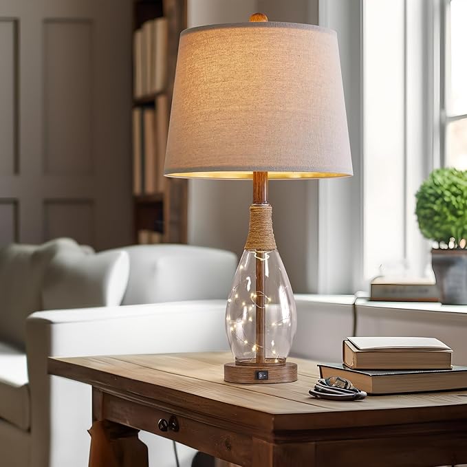 OYEARS Bedside Table Lamps Set of 2 with USB, Modern Bedside Lamps Retro Farmhouse Rattan Glass Nightstand Nightlight Lamps for Bedroom Living Room Dorm,Two Light Points