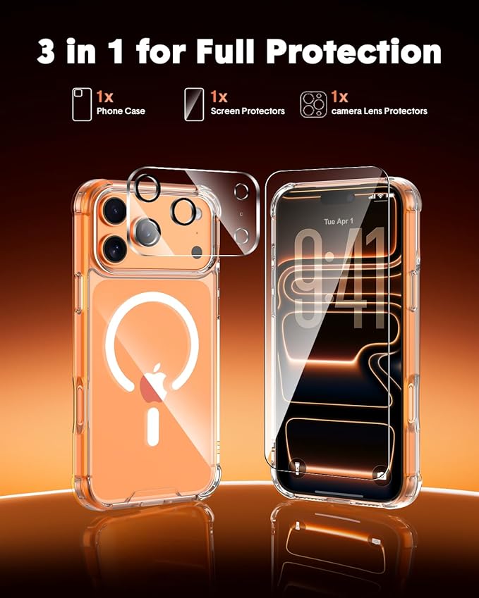for iPhone 17 Pro Max Case Compatible with MagSafe, Magnetic Clear Case with Tempered Glass Screen Protector and Lens Protector, Military-Grade Shockproof & 4-Corner Protection, Anti-Yellowing