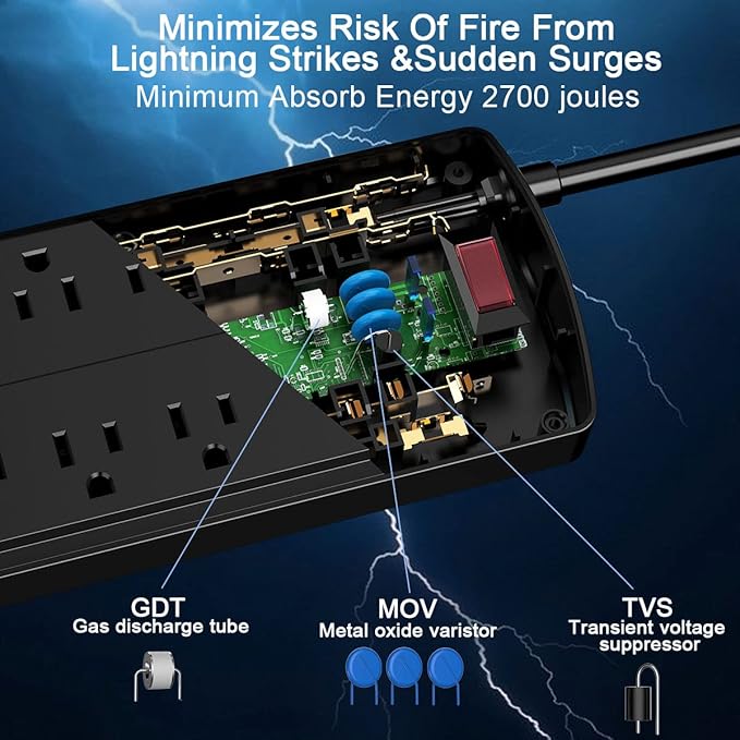 10 Feet Surge Protector Power Strip - Nuetsa Extension Cord(1625W/13A) with 8 Outlets and 4 USB Ports, Flat Plug, 2700 Joules, for Home, School, College Dorm Room, and Office, ETL Listed, Black