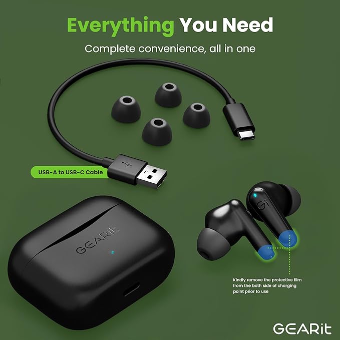 GEARit True Wireless Bluetooth Earbuds Compatible with iPhone, Android - Active Noise Cancellation, HD Sound, Touch Control - Low Latency, 5.4 Bluetooth Ear Buds w/App Support - 16H Playtime Earpods