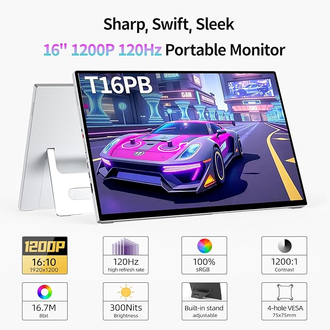 Intehill 16" 120Hz Touchscreen Portable Monitor, Portable Gaming Monitor w/Stand & Speakers, 16:10 Display with Full Laminated Tempered Glass, Touch Screen Travel Monitor for Laptop, T16PB (Silver)