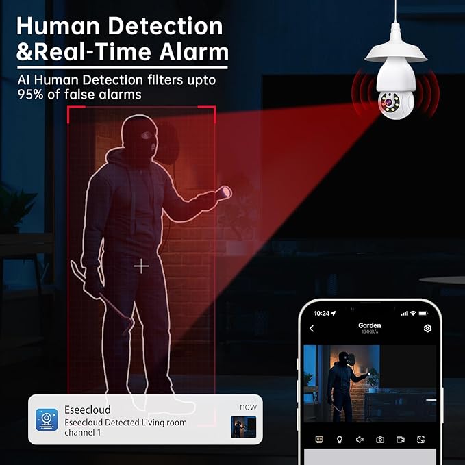 WESECUU Security Light Bulb Camera, 2K Light Bulb Security Camera Outdoor WiFi, 360° PTZ Light Socket Security Camera, Motion Detection Spotlight Siren, 24/7 Continuous Recording 2.4GHz