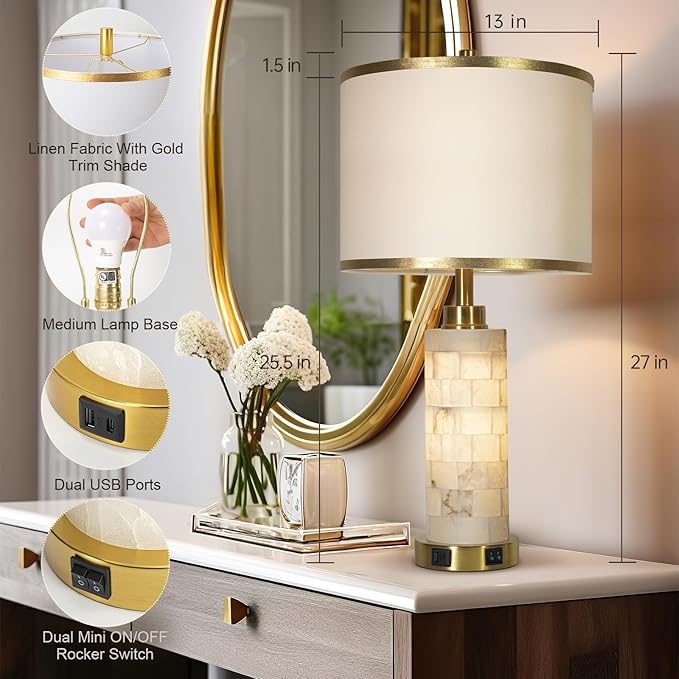 KIVDITZO 27" Alabaster Table Lamps Set of 2, Lamps for Living Room Bedroom,Bedside Lamps with Night Light,Nightstand Lamp with USB A+C Ports,Modern Table Lamp with Linen Shade (Bulbs Included)