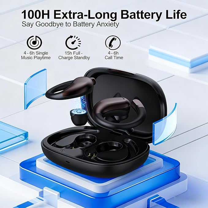 Vitog Wireless Bluetooth 6.0 Earhooks Earbuds, Sport Noise Cancelling Over Ear Waterproof Headphones Wireless Workout Running Open-Ear/in-Ear Earphones with Long Battery Life (Black)