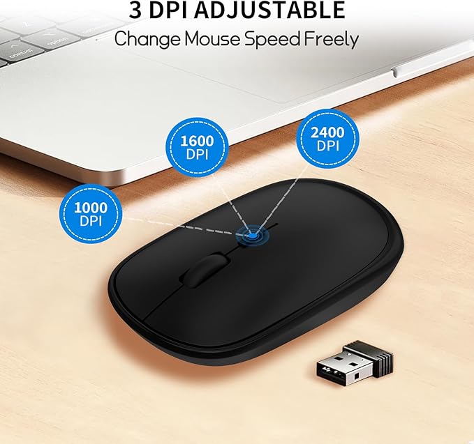 Small Wireless Mouse, Slim Mini Mouse, Portable Computer Mice with USB Receiver, Quiet Click, 2400 DPI, 2.4GHz Cordless Silent Mice for Laptop PC - Black