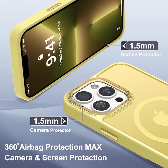 Newfuture Designed for iPhone 13 Pro Max Case with Magnetic [13 FT Military Drop Protection] [Compatible with Magsafe] Slim Translucent Matte Shockproof with Anti-Fingerprint Phone Case, Yellow