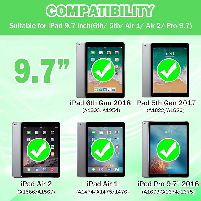 ZoneFoker 9.7" Case for iPad 6th/5th Generation 2018/2017, for iPad Air 2 / Air 1st / Pro 9.7, Heavy Duty Shockproof Protective 9.7 Inch Cover with Built-in Stand for i Pad 6 5 Gen (Black+Green)