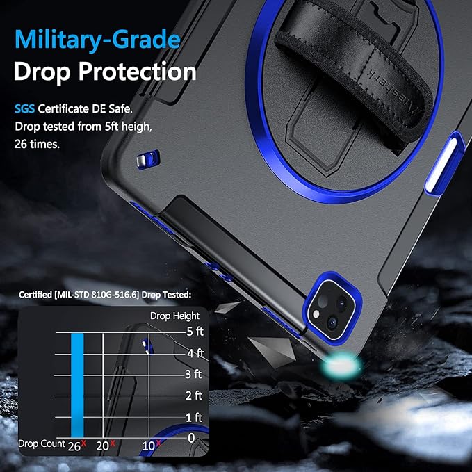 Miesherk Military Grade Heavy Duty Shockproof Case for iPad Pro 12.9 Inch 6th/5th/4th Generation with Pencil Holder, Rotating Stand, and Hand Strap - Blue