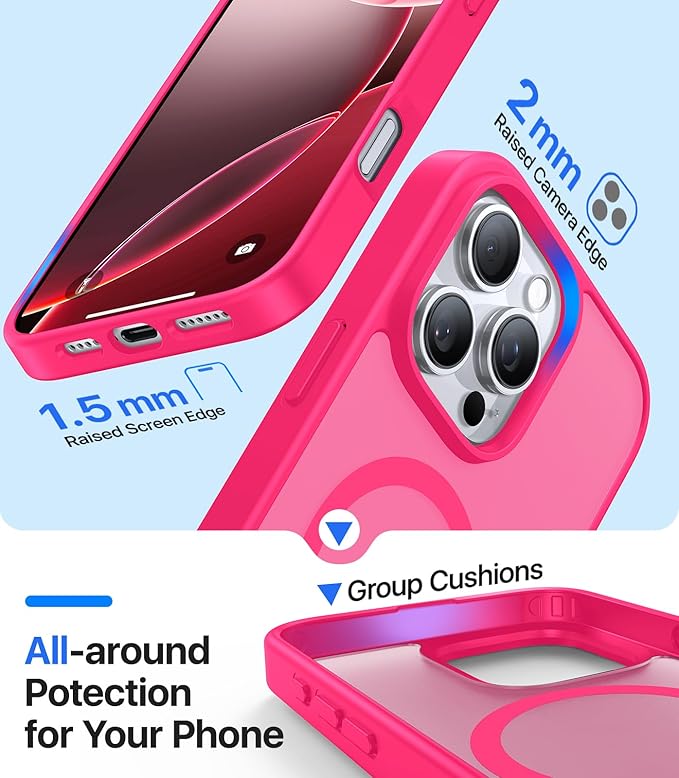 Magnetic for iPhone 16 Pro Case, [Compatible with MagSafe][Military-Grade Drop Protection][Anti-Yellowing] Shockproof Protective Translucent Matte Cover for iPhone 16 Pro Phone Case,Hot Pink