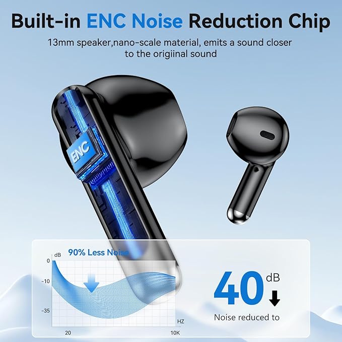 Wireless Earbuds, Bluetooth 5.4 Headphones HiFi Stereo with 4 HD Mic, 50H Playtime Bluetooth Earbuds with LED Display, IPX7 Waterproof Wireless Earphones, Touch Control Ear Buds,USB-C Black