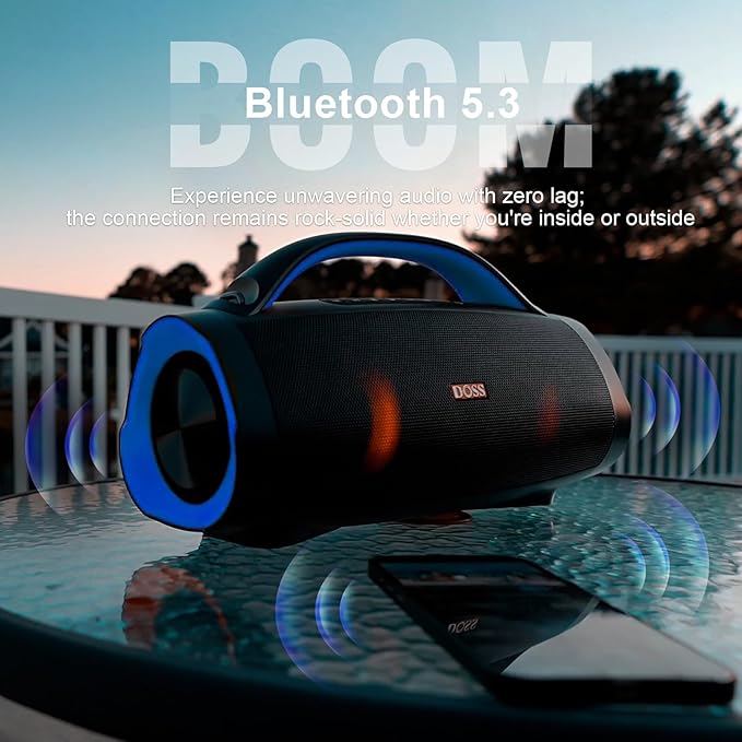 DOSS Extreme Boom Pro 100W Portable Speaker, 2+2 Channel, Deep Bass, IPX6 Waterproof, Bluetooth 5.3, 20H Playtime, Power Bank, Dynamic RGB Lights, Outdoor Speaker for Camping, Beach, Poolside - Blue