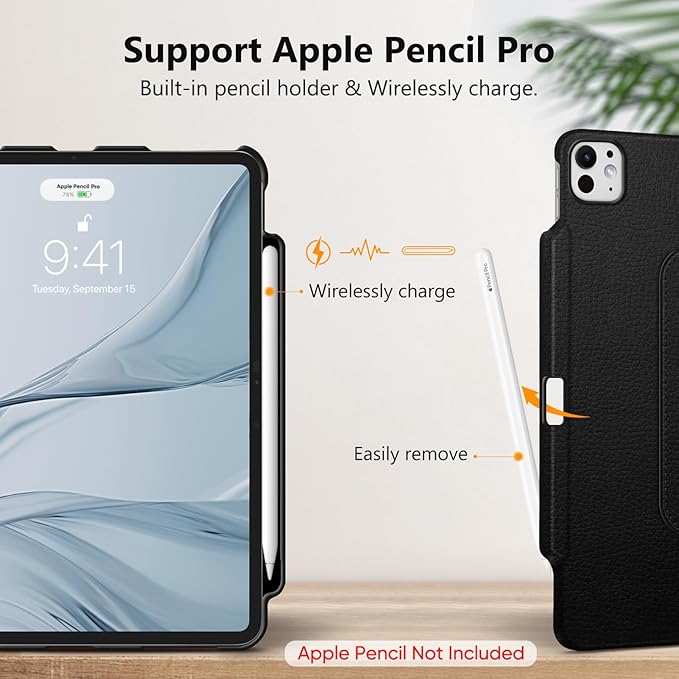 Fintie Rotating Case for iPad Pro 13-inch (M5) 2025 / (M4) 2024 with Pencil Holder - 360 Degree Swiveling Protective Stand Cover with Auto Wake/Sleep, Black