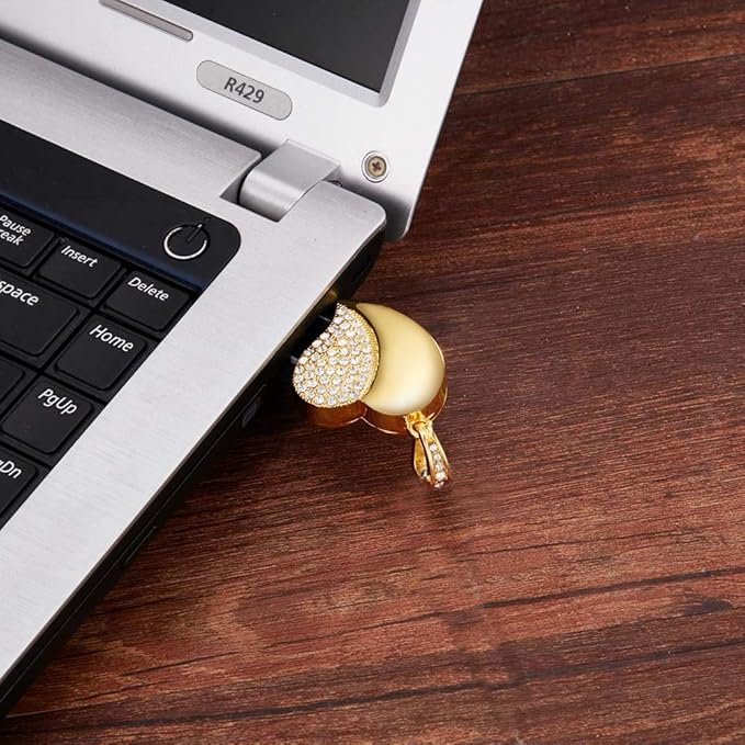 USB Flash Drive, Diamond Heart 8GB / 16GB / 32GB USB2.0 Waterproof USB Memory Stick Date Storage Pendrive Thumb Drives (32GB, Gold Heart)