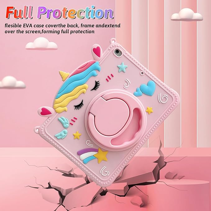 Dteck for iPad 10.9" 10th Generation Case Kids,Cute Cartoon 3D Unique Design Light Rotating Handle Stand Shoulder Strap Soft Silicone Funda Drop Rugged Shockproof Protective Kid-Proof Case,Unicorn