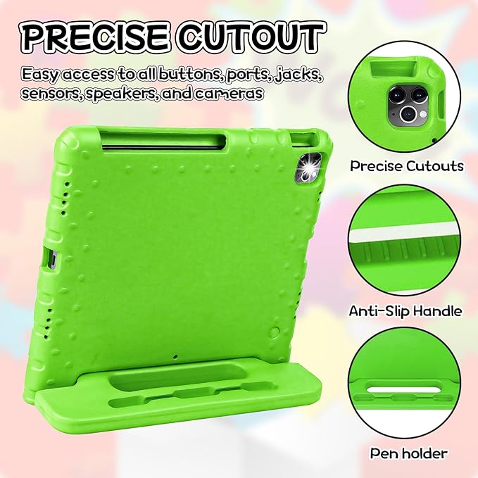 Kids Case for iPad Pro 12.9 Case 2022/2021/2020/2018 with Pencil Holder & Hadle Stand, Super Protection Rugged Cover for iPad Pro 12.9 inch 3rd/4th/5th/6th Generation, Lime Green