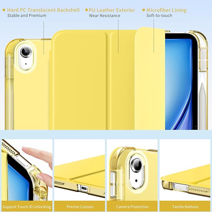 MoKo for iPad Air 11 inch Case (M4/M3/M2) 2026/2025/2024, iPad Air 5th/4th Gen 10.9 inch Case 2022/2020 with Pencil Holder, Slim Light Trifold Cover with Hard PC Translucent Back Shell, Light Yellow