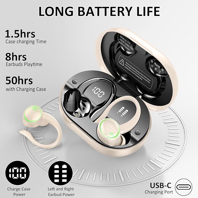 Matast Wireless Earbuds, Bluetooth Headphones Sports, Deep Bass Earphones Gym Running, IP7 Waterproof Headset with Earhook Workout, 50H Playback Over-Ear Buds with ENC Noise Cancelling Mic