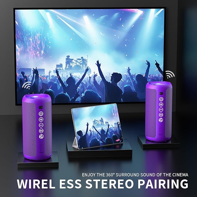 Ortizan Portable Bluetooth Speaker: IPX7 Waterproof, 24W Loud Sound, Deep Bass, Bluetooth 5.3, LED Lights, Wireless Stereo Pairing, 30H Playtime, for Home/Outdoor/Party/Beach, Birthday Gift, Purple