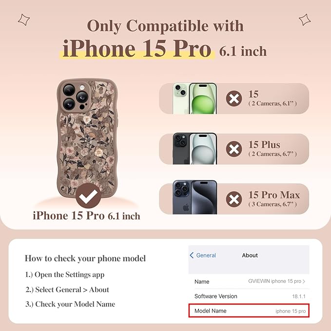 GVIEWIN for iPhone 15 Pro Case Compatible with MagSafe [Curly Wave Edge][Full Camera Protection] Floral Translucent Shockproof Magnetic Women Phone Case for iPhone 15 Pro 6.1'', Apricot Blossom/Brown