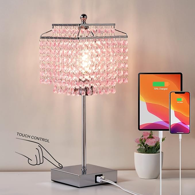 Luvkczc Crystal Touch Table Lamp, Bedside Lamp with USB C+A Ports, Pink Lamp, Dimmable Lamp with Crystal Shade, Nightstand Lamp for Girl Bedroom, Living Room, Bulb Included