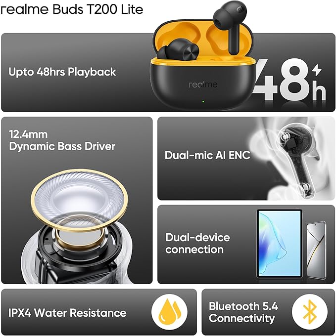 realme Buds T200 Lite Bluetooth in Ear Earbuds,4 Mic, AI ENC for Calls,48 Hours Total Playback with Fast Charging and Ultra Low Latency Gaming TWS, Google Fast Pair, with mic - (Black)