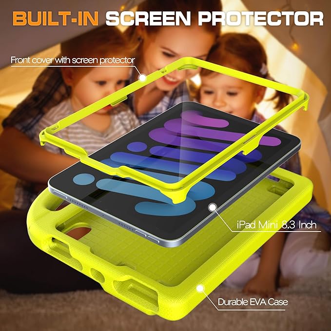 Kids Case for iPad mini 7 (A17 Pro) 2024/ Mini 6 2021, iPad mini 7th/6th Generation Case with Screen Protector - Shockproof with Handle Stand Protective Cover for iPad 8.3 Inch, Yellow