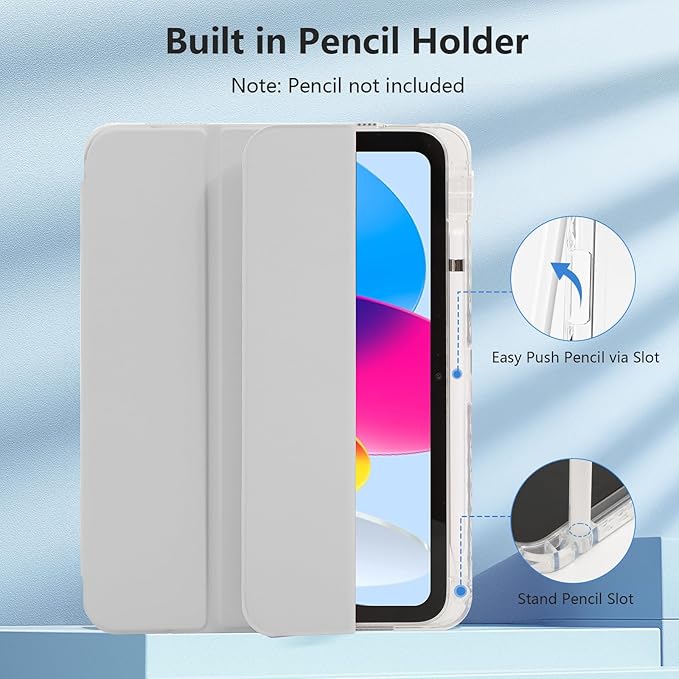 Case for iPad A16 11th Generation 11 Inch 2025, iPad 10th Generation 10.9 Inch 2022, Hybrid Protective Cover with Pencil Holder, Clear Transparent Back Shell, Anti-Yellowing Case, Gray