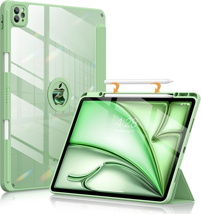 Soke for New iPad Air 13 Inch Case (M3 2025/M2 2024) with Pencil Holder, [Auto Wake/Sleep + Camera Protection] Shockproof Cover with Clear Transparent Back for Apple iPad Pro 12.9", Matcha Green