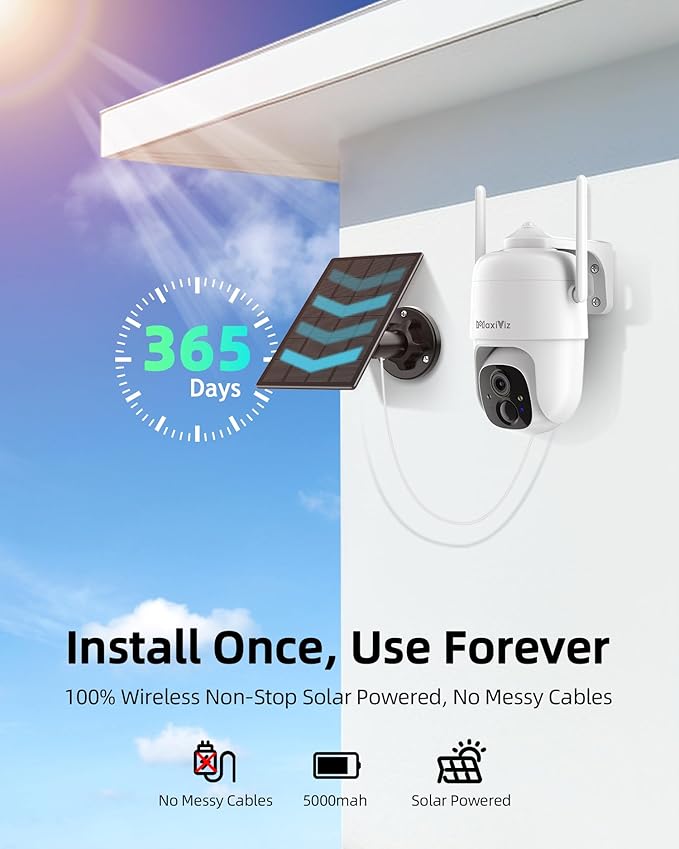 MaxiViz 2K Solar Camera Security Outdoor, 100% Wire-Free Security Cameras Wireless Outdoor with Solar Panel, 360° Panoramic View, Color Night Vision, AI Motion Detection, IP66 Weatherproof, 2 Pack
