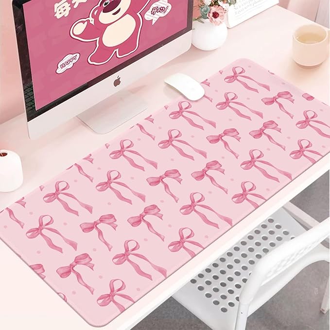 Pink Mouse Pad, Large Pink Desk Mat Bows Computer Mat, Gaming Keyboard and Mouse Pad Non-Slip Rubber Base, Stitched Edge, Cute Girly Office Supplies Desk Accessories Decor for Women 31.5 x 11.8in