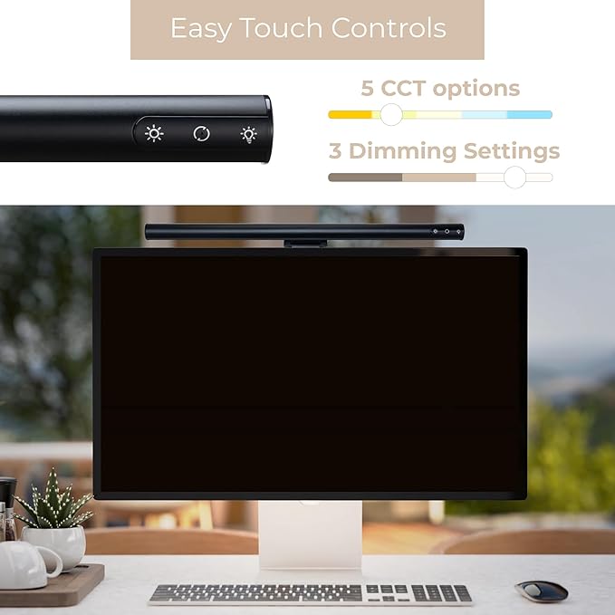 Quantum LED Computer Monitor Lamp Screen Light Bar in Black with 6ft USB-A Plug-in Cord, Dimmable and 5-CCT Selectable Touch Controls