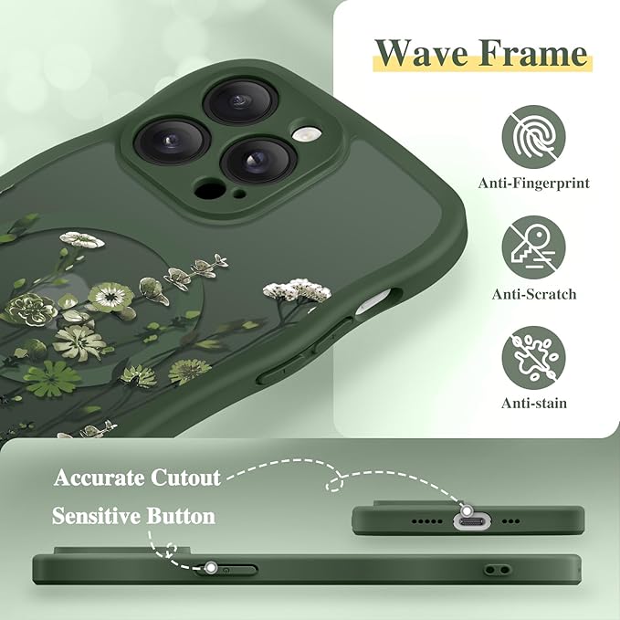 GVIEWIN for iPhone 14 Pro Case Compatible with MagSafe [Curly Wave Edge][Full Camera Protection] Floral Translucent Shockproof Magnetic Women Phone Case for 14 Pro, Floratopia/Forest Green
