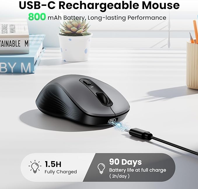TECKNET Rechargeable Bluetooth Mouse, [ USB + BT5.0 + BT3.0 ] Wireless Mouse, Ergonomic Design, Silent Click, 6-Level 4800 DPI Wireless Mice, 3-Device Switching for Laptop, Computer, MacBook（Grey）