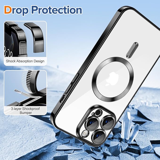 Hython Magnetic Clear for iPhone 12 Pro Case with Camera Lens Protector [Compatible with MagSafe] Luxury Plating Edge Slim Soft TPU Cover Protective Phone Case for iPhone 12 Pro 6.1", Black