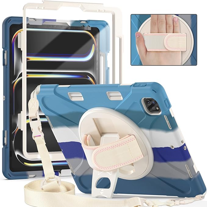 Batianda Case for New iPad Pro 11-inch 2025 M5 2024 M4 Chip Heavy Duty Rugged Durability Silicone Tablet Cover with 360° Rotating Hand Strap Foldable Hidden Stand & Shoulder Strap, Colorful Blue
