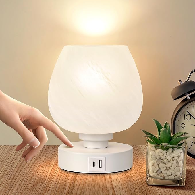 Bedside Table Lamp - Touch Small Lamp for Bedroom Nightstand, 3-Way Dimmable, USB A+C Charging Ports, White Opal Glass Shade, Warm LED Bulb Included