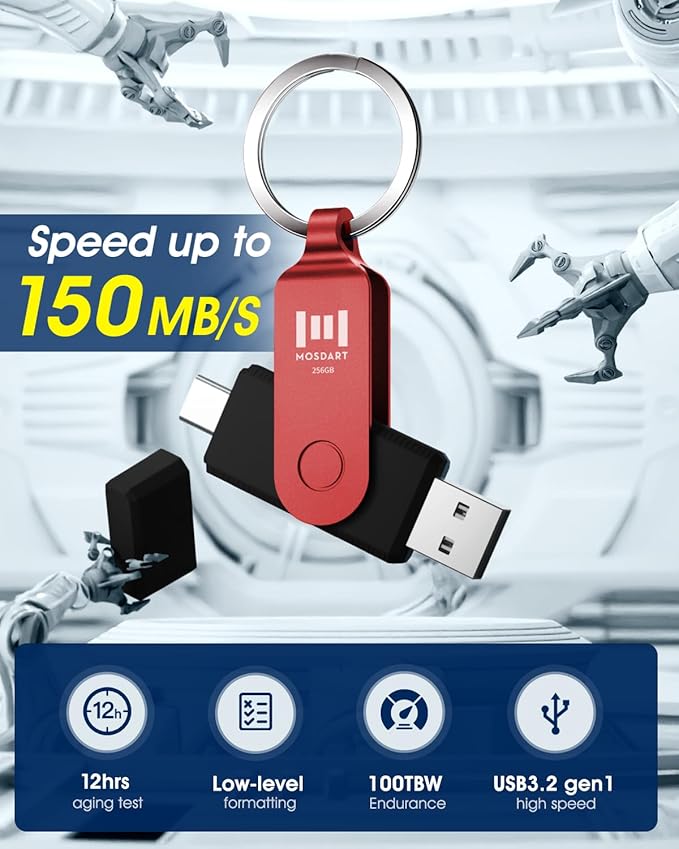 MOSDART 256GB USB C 3.2 Fast Speed C and A Dual Flash Drive, exFAT Memory Stick with Keychain and LED Indicator, for iPhone 15,16,17, Android Phone, iPad, MacBook, and Other Laptops, Red